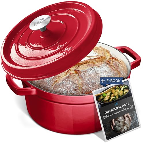 Ottia Pentola in ghisa, 22 cm, 3 litri, smaltata di alta qualità, con coperchio, pentola in ghisa, forno olandese, teglia per pane, tutti i piani cottura (anche a induzione), resistente al forno