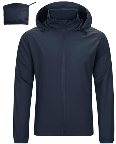 33,000ft Mens Lightweight Water Resistant Jackets Windproof Hiking Jacket Packaway Rain Coats Windbreaker For Running Cycling Casual Blue L