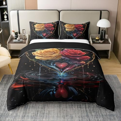 Homewish 100% Baumwolle Rose Floral Bettbezug 155x220,Romantische Thema Tröster Bezug,Paar Liebe Herz Blumen Bettwäsche Set, Bettbezug mit 1 Kissenbezug