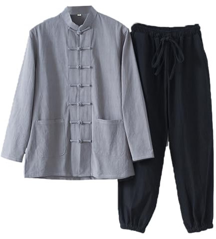 OLSKFUH Kampfsportanzug Aus Baumwollleinen - Traditionelle Chinesische Kleidung Für Herren, Tang-Anzug, Kung-Fu-Uniformen, Blau, 4XL,Grey1-XX-Large