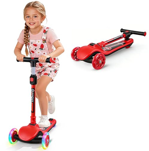 Huanovix Trotinette Enfant 3 Ans, Trottinette Enfant à Hauteur Rréglable, Trottinette 3 Roues, Guidon Inclinable, Roues Iumineuses à LED, Pliables, Trottinettes d'équilibre pour Garçon Fille, Rouge