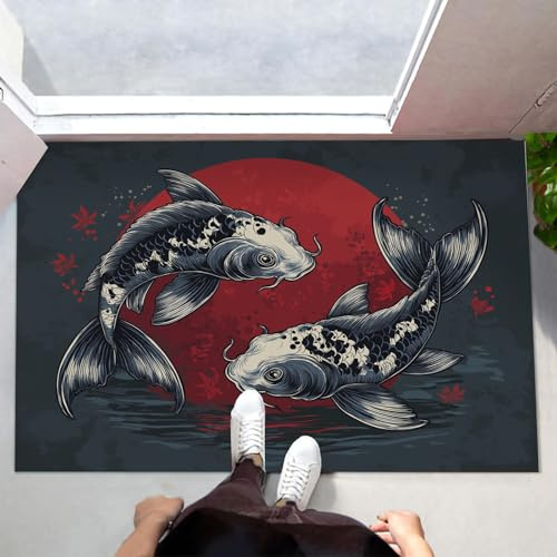 MLSOWM Tappeto Porta Carpa Koi Zerbino Interno Stile Giapponese Zerbino a Pelo Corto Tappetino Antiscivolo Lavabile in Lavatrice per Camera da Letto Entrata Scendiletto, 60x90 cm, Blu Scuro
