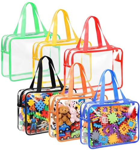 Zyiphor Set med 6 genomskinliga PVC-leksaksförvaringsväskor, med handtag och dragkedja för förvaring av leksaker, pussel och byggklossar (30 x 10 x 22 cm)