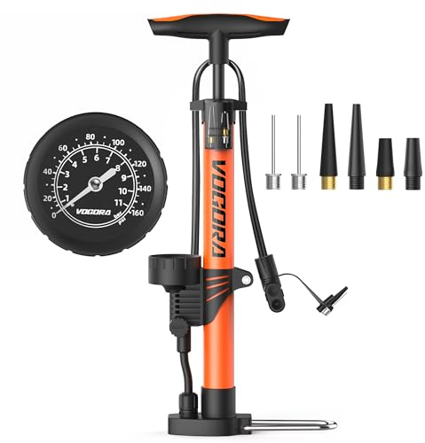 VOGORA Cykelpump med tryckmätare – Universal fotpump för Presta/Schrader ventiler, cyklar (landsväg/MTB), bildäck & bollar