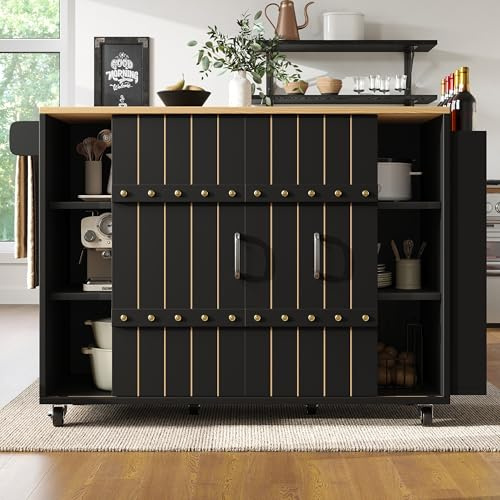 Elegante armario de cocina de 110 cm, puertas correderas, plegable para noches acogedoras, 3 cajones, toallero, 4 ruedas, negro, perfecto para viviendas modernas