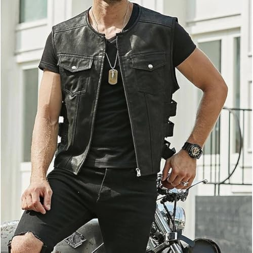 Chaleco de piel sintética para hombre, sin mangas, chaleco de motociclista con bolsillos, chaqueta de equitación, casual, para fiestas de vacaciones, disfraz de color negro y marrón (XL negro)