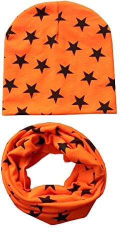 TININNA Kinder Mädchen Jungen Winter Stern Loop Schal Rundschal Schlauchschal Strickschal Hut Mütze Set Orange EINWEG Verpackung