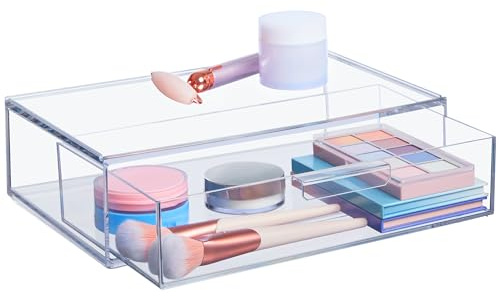 STORi Audrey Stackable Clear Bin Plastic Organizer Drawer | Organize Eyeshadow Palettes, Cosmetics, and Beauty Supplies on a Vanity | Made in USA