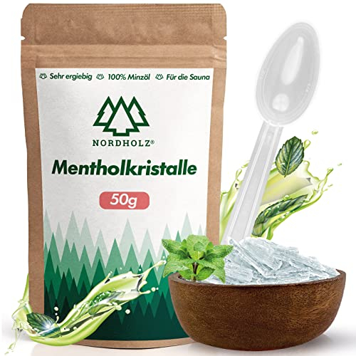 NORDHOLZ® Mentholkristalle [50gr] für Sauna in Premium Qualität aus 100% Minzöl - Befreit die Atemwege und sorgt für intensiven Duft in der Sauna - Sauna Zubehör