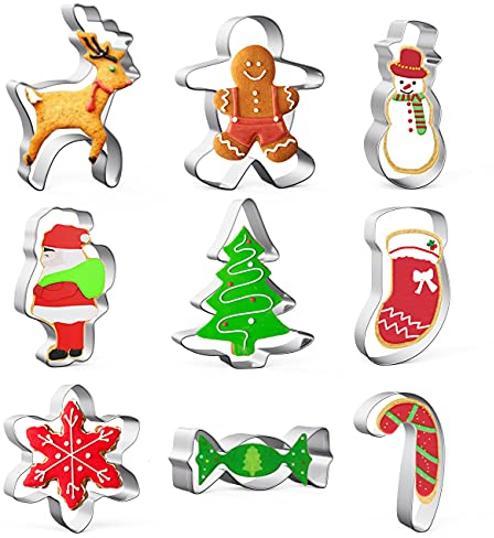 MIUTME Christmas Cookie Cutter Set, 9 Pieces Stainless Steel Christmas Biscuit Cutters Shapes- Gingerbread Boy, Christmas Tree, Snowflake, Reindeer, Snowman, Santa, Claus, Socks for Cookie DIY Baking