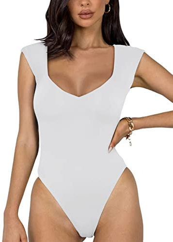 REORIA Damen sexy lässiger doppelt gefütterter ärmelloser Schlankheits Body mit V-Ausschnitt Shapewear Formende Bodys Weiß M