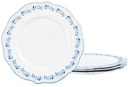 fanquare Piatti da Colazione in porcellana da 4 Persone, Piatto Rotondo con Foglie ed Erba Blu per Regalo e Casa, Piattino Piano Gourmet per Dolce, Frutta, Pane, Insalata, Antipasti 20cm (Erba blu)