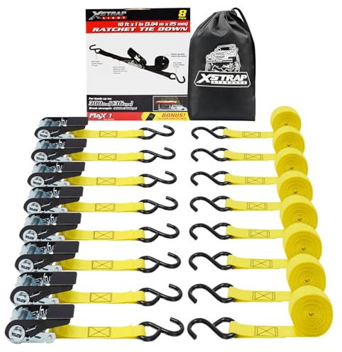 XSTRAP STANDARD Ratchet Straps, 8-Pack 1 x 10FT Ratchet Tie Down Straps Set, 900 LBS Break Strength Logistic Cargo Straps for Motorcycle, Move Appliances, Lawn Equipment, Trucks (Yellow)