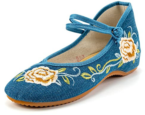 RVROVIC Mode Damenschuh Walking Tanz Stickerei Vintage Mary Jane Flats