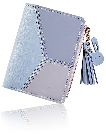 WisePoint Billetera Mujer, Monedero Mujer Pequeño de Cuero PU Carteras de Minimalist con Botones Metálicos, Cartera Pequeña Bifold con Colgante de Conejo (Azul)