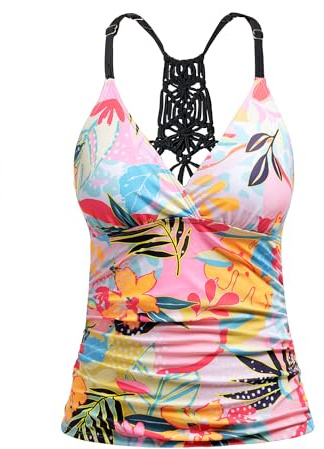 Holipick Tankini Top Only for Women V Neck Tummy Control Swimsuit Ruched Bathing Suit No Bottom White Floral