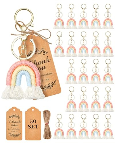 Huquary Set di 72 portachiavi bohémien da 36 pezzi macramè arcobaleno con nappe portachiavi con nappe arcobaleno 36 tag di ringraziamento per feste di compleanno, bomboniere, baby bridal shower,