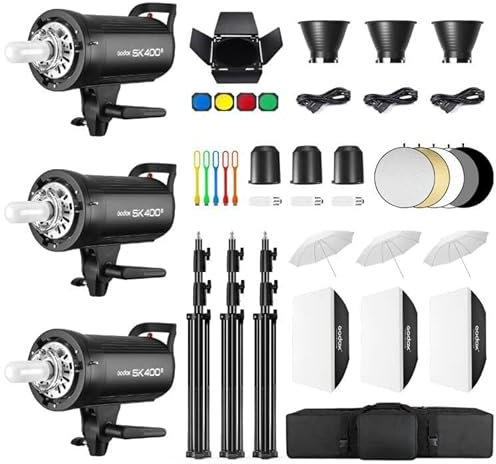 Godox Paquete de 3 unidades SK400IIV 1200Ws 2.4G Speedlite Studio Flash Strobe Monolight Bowens Kit de montaje para estudio, ubicación, fotografía de retrato con caja de luz, soporte de luz, kit