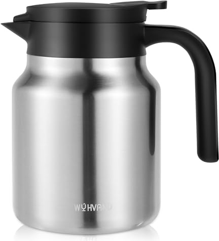 WYHVAND 1L Thermal Coffee Jug, Double Walled Stainless Steel Vacuum Insulated Coffee Carafe/Flask, Leakproof Lid, for Tea & Hot/Cold Drinks, Silver