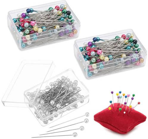 Spilli da Sarta, 300 Pcs Testa Vetro, 40mm Spilli Dritti Tonda, Multicolorecon Scatola per Artigianato Cucito Fai, Sartoria Gioielli Componenti Fiore Decorazione