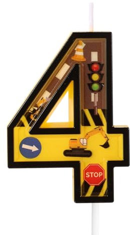 Bau-Geburtstagskerze, Gelb und Schwarz Gestreift Zahlenkerzen Tortenaufsatz für Bauthemen Jungen Geburtstagspartyzubehör Dekorationen (Zahl 4)