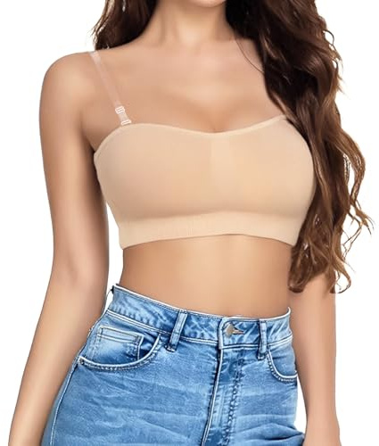 Sahunfri Strapless Bra, Backless Strapless Bras with Transparent Straps, Anti-Slip Strips, Non Wired, Stretchy Strapless Bras for Women (UK, Alpha, S, Regular, Regular, Standard, Skin-Toned)