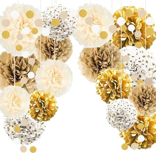 TREABEAR 18PCS Decoracion Cumpleaños Blanco Roto y Marrón Claro , Pompones De Papel Decoracion Fiesta, Pompones Decoracion Fiesta, Fiestas Temáticas Blancas y Doradas, Cinta Dorada Beige
