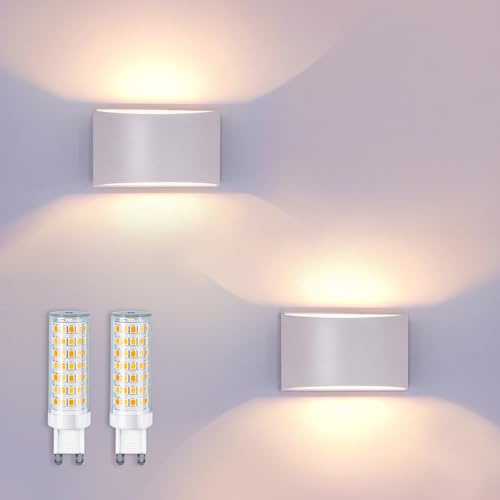 KICAAO 2 Pezzi Applique da Parete LED Moderno, Lampada da Parete Interno/Esterno con Lampadina G9 Sostituibile, 7W Luce Calda 3000K, Alluminio Bianco Impermeabile IP65 per Ingresso Giardino