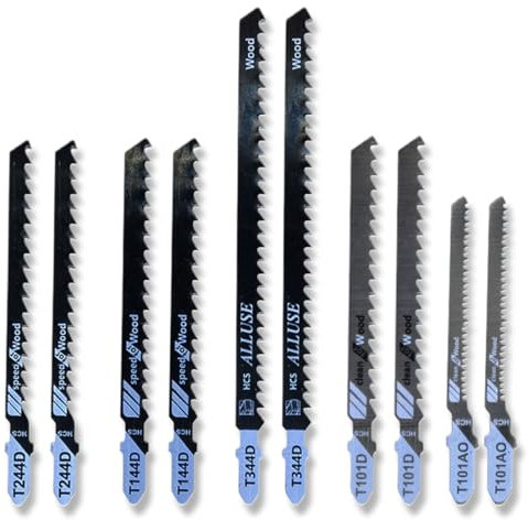 WUSJCOF 10 piezas Juego profesional hojas sierra calar con vástago en T y un solo pasador, para cortar metal y madera, con caja de plástico, soporte, caladoras (T144D/T244D/T344D/T101D/T101AO)