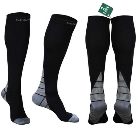 ( 2 Pairs )Compression Socks for Men & Women – Graduated Support Stockings for Travel, Flight, Running, Nurses, Pregnancy, Maternity, Sports, Calf & Ankle Circulation (Black/Gray, S/M)