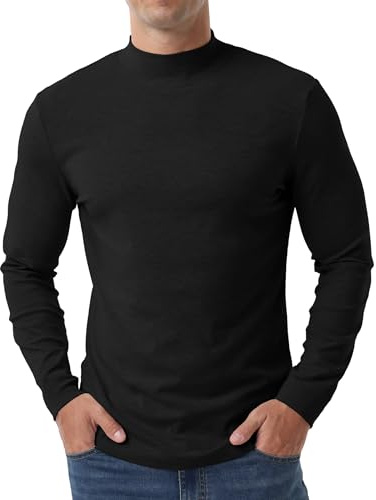 QIXING Men's Thermal Top, Long Sleeve Mock Neck Cotton Base Layer, Black, M