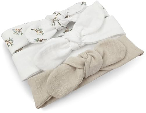 PinkZebra 3er Set Musselin-Stirnband mit Schleife für Baby bis 12 Monaten, Nicht Elastisch Haarband zum Selbstbinden atmungsaktiv, Knotenband, Baby-Zubehör für Neugeborene, Beige