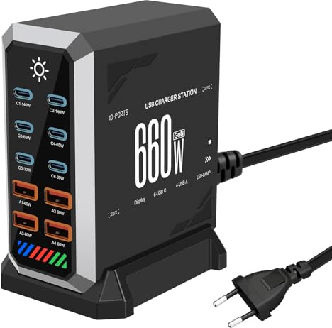 660 W Cargador USB C Múltiple-10 Puertos (6 USB-C + 4 USB-A) con Carga Rapida, Estacion de Carga compacta para múltiples Dispositivos, Compatible con MacBook, iPad, iPhone, Galaxy S22/S20, DELL, HP