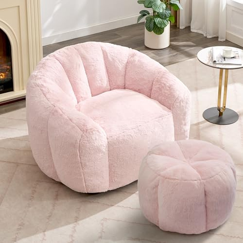 Pmango Sitzsack Loungesessel, 110×95×84 cm, mit Beistellhocker gerundet 50 cm Durchmesser und 35 cm Höhe, Gemütlicher Beanbag-Sessel für Erwachsene als Indoor-Liegesofa, Rosa