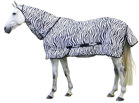 RL24 - Zebra Fliegendecke mit Halsteil RugBe von Kerbl – Ekzemerdecke in Schwarz/Weiß – Decke zum Schutz vor Insekten – unterfütterter Brustbereich – Outdoor-Pferdedecke – 145 cm