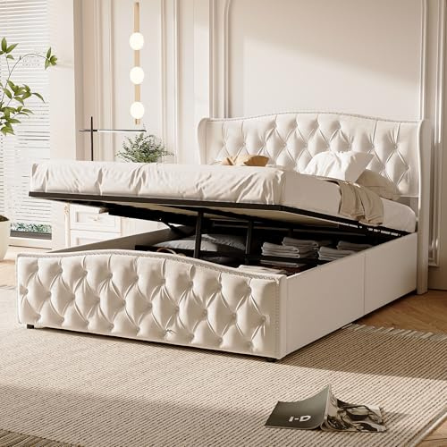 HYTKKBD Letto Matrimoniale 160x200 cm, Letto Imbottito con Contenitore, Letti Matrimoniale con Motivo a Onde Rivettate, Rete a Doghe in Legno e Metallo, Senza Materasso, Flanella Beige