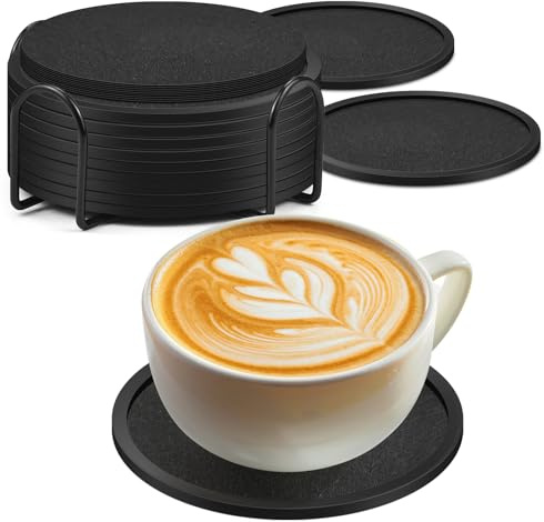 Drink Coasters Set of 12 - Silicone Coasters with Holder Absorbent Coaster with Soft Felt Insert Cup Pad Mug Mat for Glasses Espresso/Coffee/Tea/Milk/Beer/Wine Glass Cup Home café Bar & Bistro, 10cm