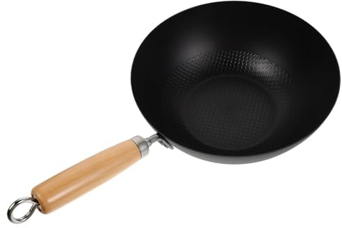 HOMSFOU Wok in Ferro Battuto Manico Scorrevole e Antiscottatura, Padella Piccola per Cucina Domestica, Adatta a Frittura e Cottura al Vapore