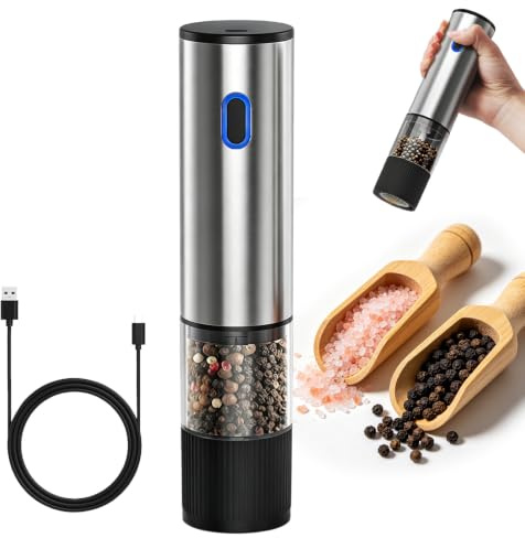 Macinasale e pepe elettrico, set di macinaspezie elettrico, ricaricabile tramite USB, 80 ml, grande capacità, 5 livelli di macinazione regolabili, portatile, con meccanismo in ceramica regolabile, per