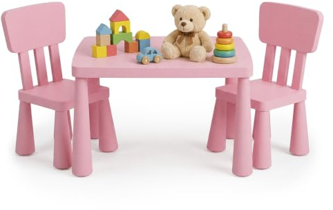 Relaxdays barnmöbelgrupp, 1 barnbord, 2 stolar, lätt att torka av, rosa | lätt plast, sittgrupp för barnrummet