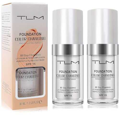 2 PACK TLM Color Changing Foundation Liquid Base,TLM Concealer Cover Cream,All Day Flawless Warm Skin Tone BB Cream Makeup Base Concealer for All Skin SPF15