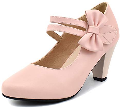 100FIXEO Mary Jane Damen-Pumps mit Schleife, Block, dick, hoher Absatz, mit Klettverschluss, runde Zehenpartie, Pink (rose), 38 EU