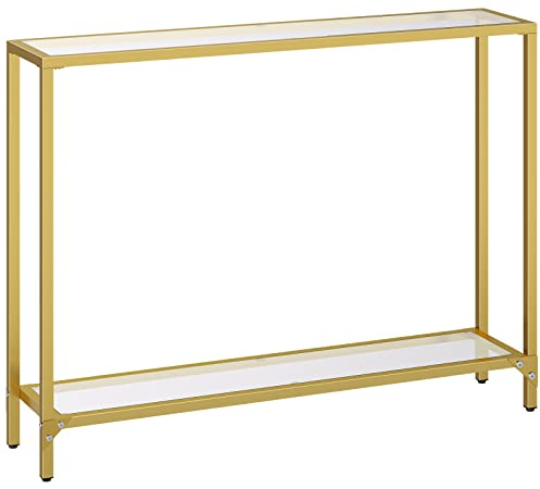 HOOBRO Konsolentisch mit Ablagen, 100 cm Beistelltisch, Hartglas, Eingangstisch, moderner Sofatisch, Ausstellungstisch, Metallgestell, für Wohnzimmer, Flur, goldfarben EGD04XG01