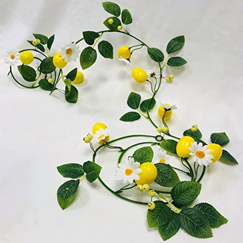 Riaxuebiy 2 Pack Artificial Lemon Berry White Flower Vine Garland, Fake Hanging Fruit Lemon Wreath for Wedding Home Garden Office Christmas Party Craft Art Decoration (Lemon Yellow Berry)