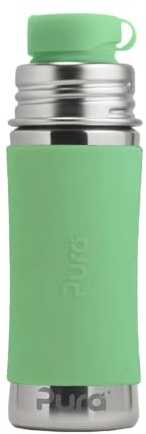 Pura Sport Mini 325 ml Flasche mit Hülle & Silikon Big Mouth Sport Top – Edelstahl, auslaufsicher und auslaufsicher für Kinder, Kleinkinder, Vorschüler – Moos