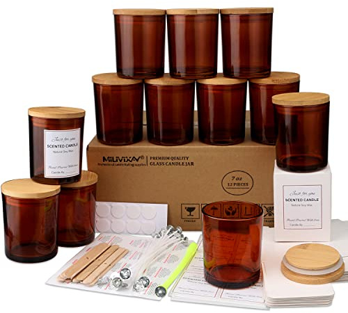 MILIVIXAY 12 Pack 7 OZ Amber Glass Candle Jars with Lids and Candle Making Kits - Bulk Empty Candle Jars for Making Candles - Spice, Powder Containers.