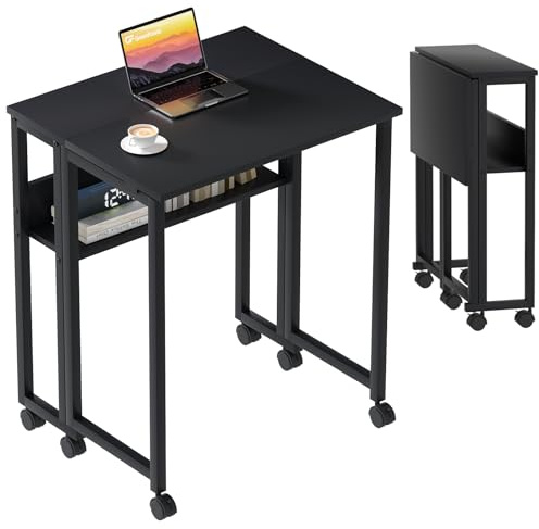 GreenForest Small Folding Desk with Storage Shelf,80 cm Computer Rolling Desk on Wheels Easy Assembly,Foldable desk for Small Space,Black