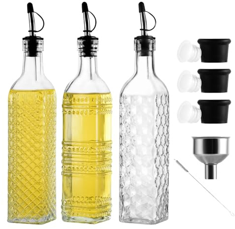 Wongblee 3-Pack Glass Oil Dispensers 500ML/17OZ, Oil and Vinegar Bottles Set with Stainless Steel Pourers, Brush, Funnel, Seal Caps (Square)