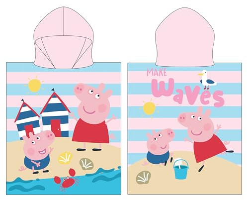 Peppa Pig - Poncho de Toalla con Capucha Oficial | Tacto súper Suave, diseño de Ondas | Bata cambiadora hogar, baño y Playa, Multicolor, 115 x 50 cm