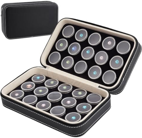 BENECREAT 30 Pcs Leather Jewelry Display Case with Gem Jars, 20.5x13x6cm Loose Diamond Box with Black Foam Insert for Collectibles Storage, Diamond Boxes Containers